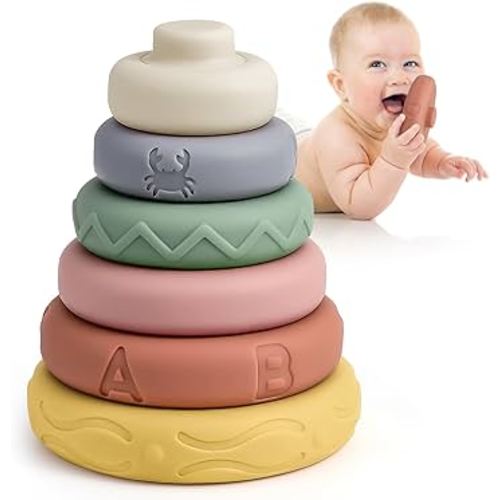 Mini Tudou 6 Pcs Stacking & Nesting Circle Toy 4.7",Soft Building Rings Stacker & Teethers,Squeeze Play with Early Educational Learning Stacking Tower, Toy for 6+ Months Boys&Girls