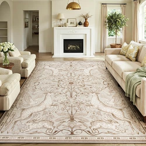 Lahome 8x10 Washable Area Rug for Living Room, Woodland Deer Boho Animal Rug, Vintage Botanical Beige Non-Slip Low Pile Large Carpet for Bedroom Dining Room Nursery Farmhouse Decor