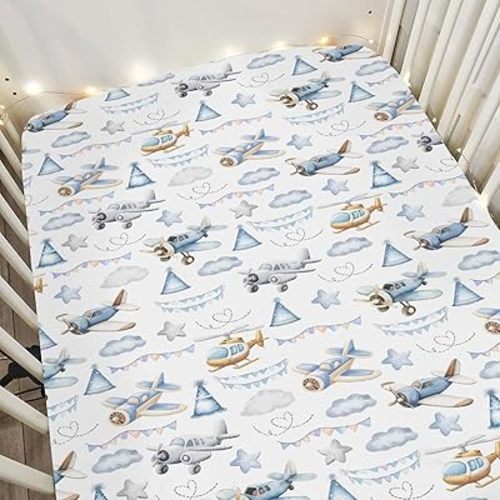 Vintage Planes Airplanes Helicopters Baby Crib Sheets Boy Girl 28"x52" Retro Stars Plane Clouds Sky Soft Stretchy Fitted Crib Mattress Cover Baby Sheet for Standard Crib & Toddler Mattress Pad