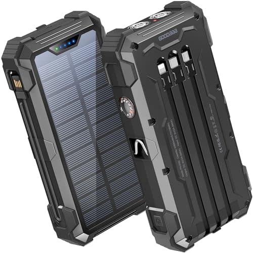 GOODaaa Portable Charger 42800mAh Built in 4 Cables and Thermometer 15W Fast Charging Power Bank Five Outputs Three Inputs Solar Charger Power Bank, SOS/Strobe/Strong Flashlights, Carabiner