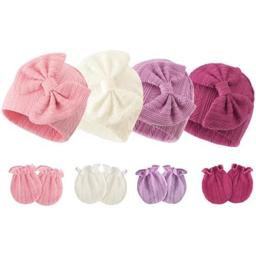 Newborn Baby Hats and Mittens Set Infant Bow Beanie Cap Toddler Gloves Newborn Hospital Hats for Baby Boy Girl 0-6 Months