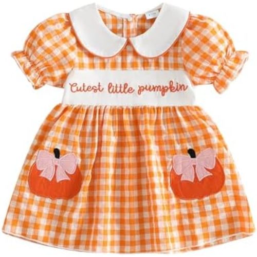 Baby Girl Halloween Outfit Toddler Pumpkin Embroidery Dress Ruffle Short Sleeve Smocked Halloween Dresses