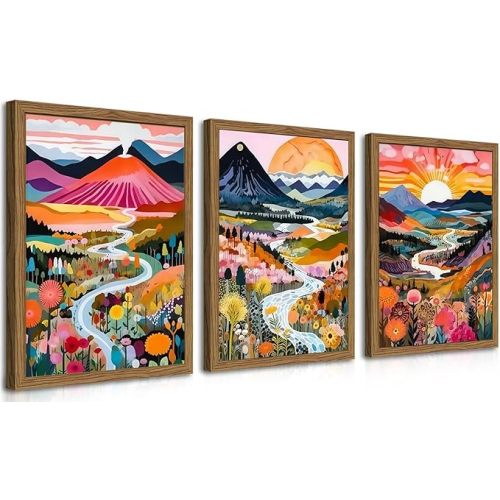 Wood Frame Boho Colorful Wall Art, Set of 3 Abstract Watercolor Mountain Landscape Wall Decor Painting, Modern Flower Aesthetic Posters Prints for Living Room Bathroom Bedroom 12x16In Framed