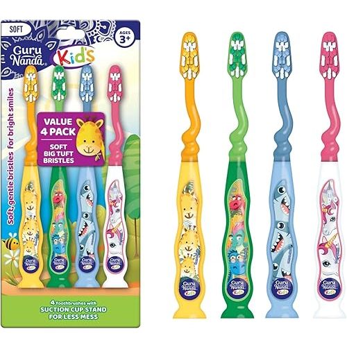 GuruNanda Kids Toothbrush with Suction Cup & Fun Animal Designs - Soft Bristles for Healthy Gums- Non-Slippery & Mess-Free Toothbrush, 3+ Age- 4 Count