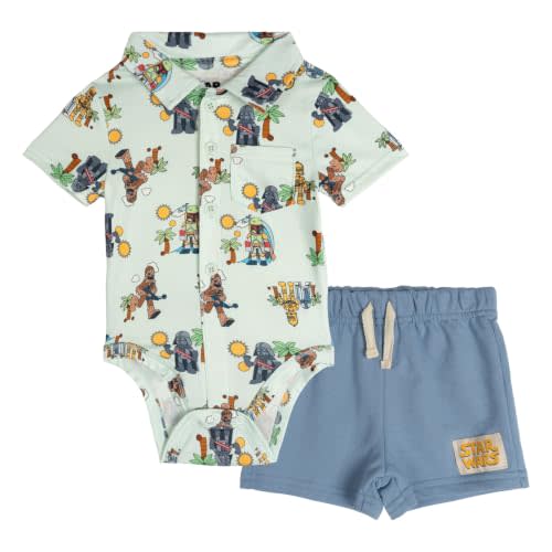 STAR WARS Baby Hawaiian Button-Down Bodysuit & French Terry Shorts Outfit Set Newborn to Infant Sizes (Newborn - 24 Months)