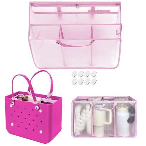 XYFuuee Beach Bag Organizer Inserts for Original Large Bogg Bag Accessories with 8 Removable Metal Fasteners, Lightweight Mesh Insert Divider Pouch, Organizing Rubber Tote, Save Space, Pink XL