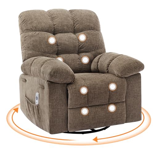 Oversized Swivel Rocker Recliner Chair for Adult, 360° Swivel Rock Recliner with Massage&Heating, Extra Wide Manual Recliners, Upholstery Overstuffed Soft Rocking Sofa Chair,Brown