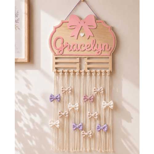 Personalized Wooden Bow Holder – Macrame Hair Bow Organizer, Nursery Decor/ Hair bow display