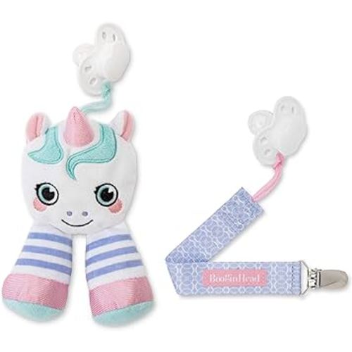 BooginHead Pacifier Holder Stuffed Animal and Baby Pacifier Clip, Pink Unicorn