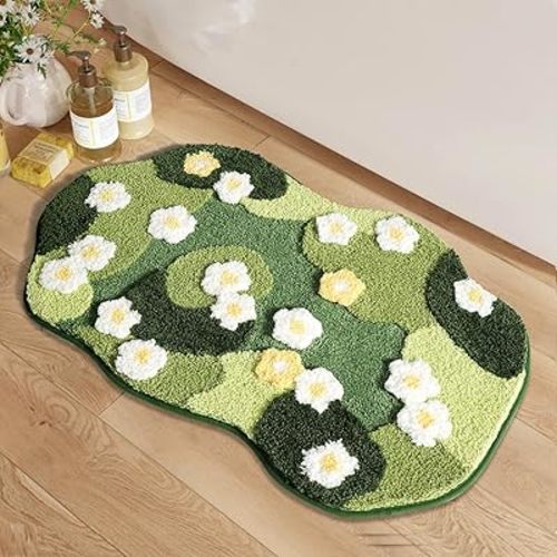 PTAEXCEL Cute Bath Mat, Moss Rug Soft Green Bathroom Rug, Non Slip Bath Mat Super Absorbent, Floral Nature Bathtub Mat Washable for Shower Bathroom Floor (Full Bloom, 32" x 20")