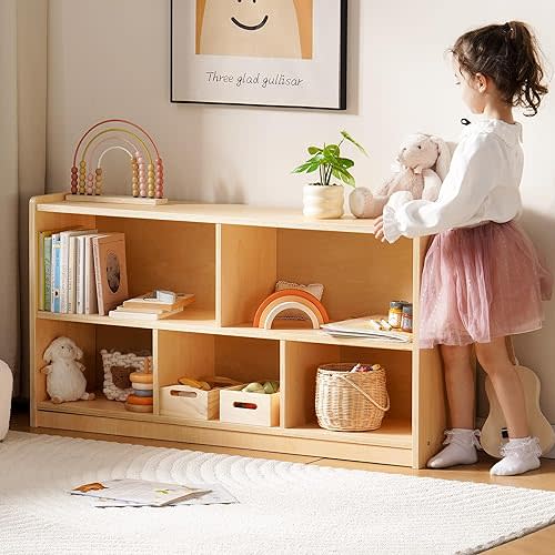 ROBUD Wooden Toy Storage Organizer, 5-Compartment Montessori Shelf with Anti-tip Kit, Wooden Storage Cabinet for Kids Room, Bedroom, Playroom, Nursery, Preschool, 44.9" x 23.6" x 11.8"