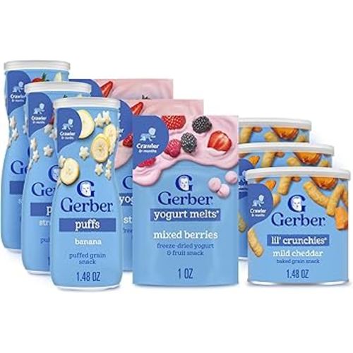 Gerber Strawberry Yogurt Melts, Mixed Berries Yogurt Melts, Banana Puffs, Strawberry Apple Puffs, Mild Cheddar Lil' Crunchies, 9-Pack