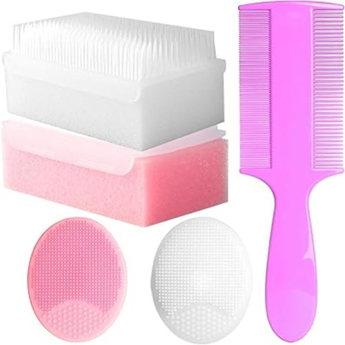 Cradle Cap Brush for Babies, Set of 5 Baby Bath Essentials with Bath Sponge Silicone Scrubber Long Handle Comb for Newborns Toddlers Boys Girls (Pink)