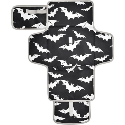 Halloween White Bats Portable Changing Pad for Unisex Baby Toddler Waterproof Foldable Baby Changing Mat with Pillow & Shoulder Strap Travel Changing Station for Hiking Traveling Gift