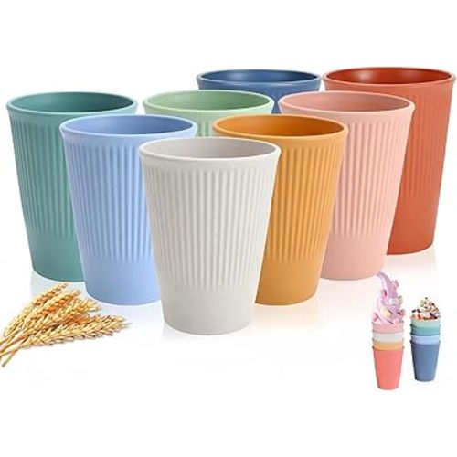 WANBY Wheat Straw Cup 8 Pcs Unbreakable and Reusable Drinking Cups Eco-Friendly Healthy Tumbler Set for Milk Juice and Water Dishwasher Safe (8 Pcs 12 Oz)
