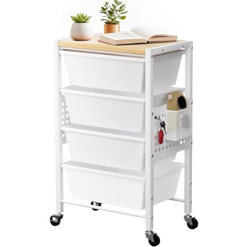 Rolling Cart with 4 Drawers, WHITE Plastic Drawer Storage Carts with Wheels & Wooden Tabletop