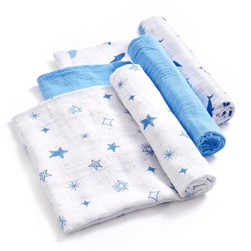 DaysU Muslin Swaddle Blankets for Newborn Babies, Breathable Cotton Baby Muslin Blankets for Boys, Large 47”x47”, Set of 3 - Blue/Dolphin/Star - Blue a