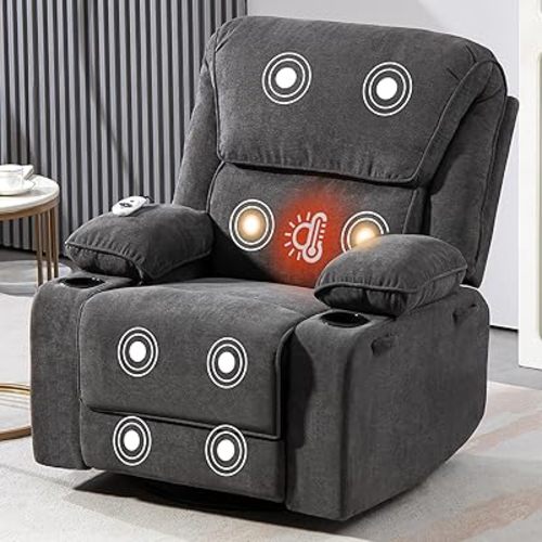Rocker Recliner Chair with Massage Heated, 360°Swivel Rocking Manual Recliner Chairs with Cup Holders Remote Control for Living Room (Dark Grey)