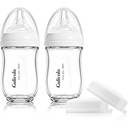 Gulicola Natural Glass Baby Bottle for Breastfeeding Babies, Newborn Anti-Colic Bottle Set with Slow Flow Nipple, 0-3 Months, 5 oz, 2 Pack - White