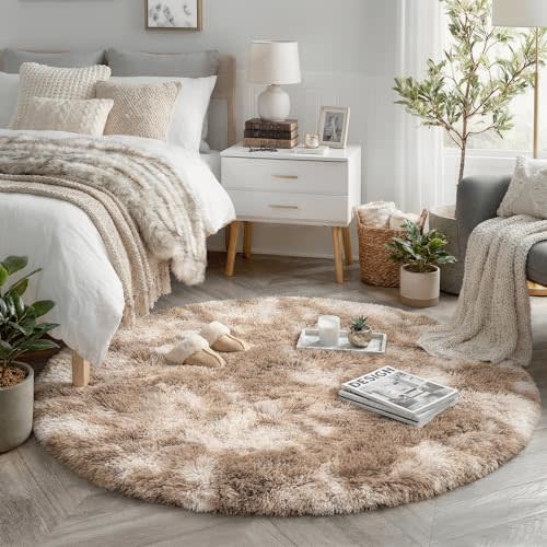 Amdrebio Beige Tan Round Small Area Rug 4Ft for Bedroom Living Room Nursery | Fluffy Shag Cozy Plush Carpet, Classroom Playroom Home Office Decor, Neutral Aesthetic, Circular Circle, Baby Kids Corner