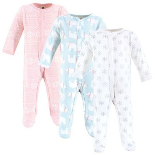 Hudson Baby Infant Girls Cotton Sleep and Play 3-Pack, Pink Mint Polar Bear, 0-3 Months