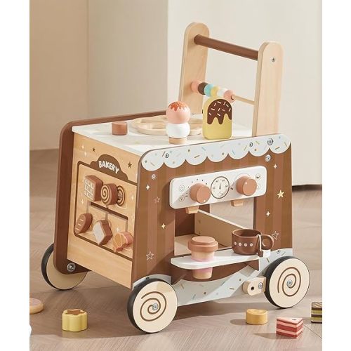 Wooden Baby Walker Push Walker with Adjustable Speed, Montessori Bakery Toy Walker with Coffee Machine & Play Food for 1 Year Old, First Birthday Gift