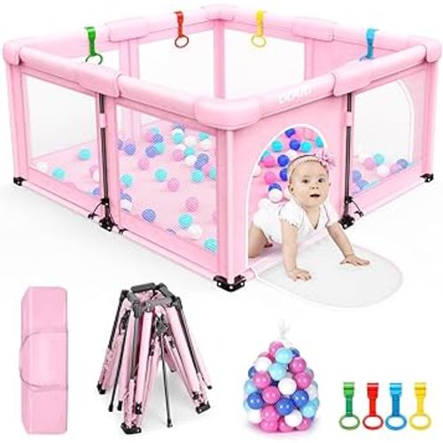 OCATO Baby Playpen: Foldable Playpen for Babies and Toddlers Large Play Pen Portable Playpen Fence Indoor Outdoor Kids Safety Area Travel Play Yard with 4 Handlers 50 Balls Baby Girl Gifts (50" × 50")