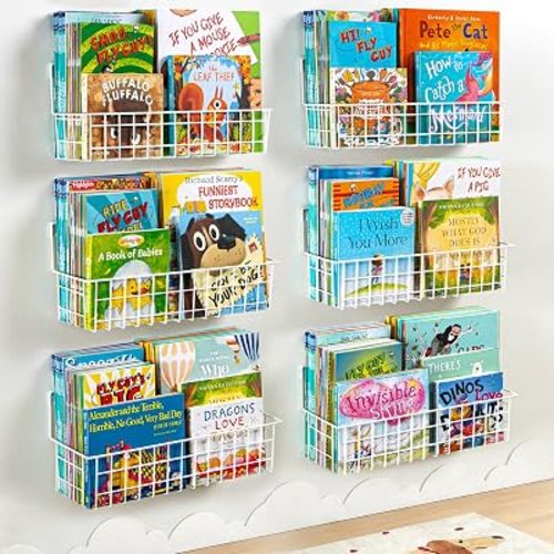 6-Pack Wall Mounted Bookshelf for Kids Rooms, Metal Nursery Shelves