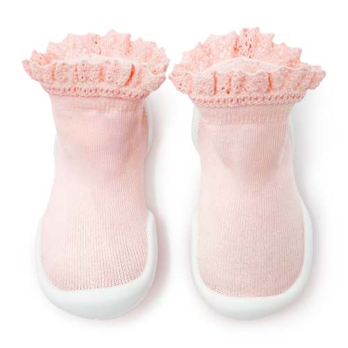 Komuello baby toddler firstwalker sock shoes: breathable, washable - Lace trim
