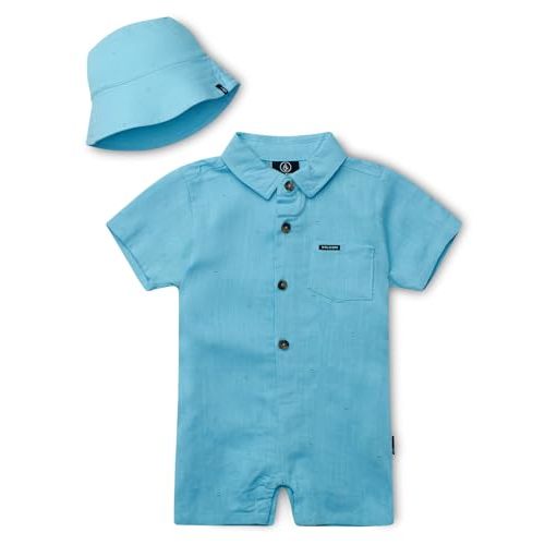 Volcom Baby Boys Button-Down Romper with Matching Bucket Hat (0-24M) | Lightweight Breathable Fabric Feels Soft on Sensitive Skin, Bold Tropical Prints Perfect for Sunny Outings and Playdates