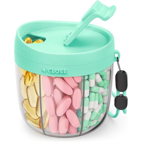 AMOOS Cute Pill Dispenser with 7 Large Compartments, Portable Pill Bottle Organizer with Wide Opening for Easy Use, Anti-Mix Pill Organizer for Travel, BPA-Free Pill Container, Green