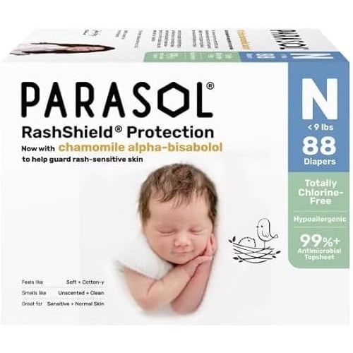 Parasol Chlorine-Free Luxury Diapers with RashShield Protection, Size NB, 88 Count(2 Pack of 44)