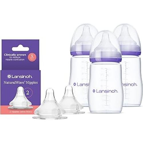 Lansinoh NaturalWave Slow Flow Nipples (2 ct) + 8 oz Anti-Colic Baby Bottles (3 ct) With Medium Flow Nipples, BPA-Free, Soft Silicone Design for Comfortable Feeding