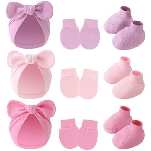 9 Pieces Newborn Baby Hat No Scratch Mittens and Socks Set Cotton Infant Hair Bow Turban Beanie Cap