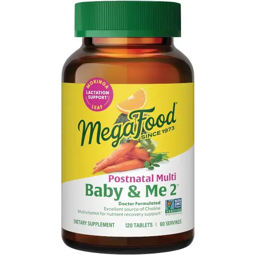 MegaFood Baby & Me 2 Postnatal Vitamins for Women Breastfeeding with Folate (Folic Acid Natural Form), Choline, Iodine, Vitamin D, Moringa Leaf and More - 120 Tabs (60 Servings)