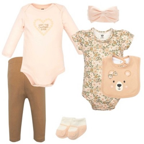Hudson Baby Infant Girls Cotton Layette Set, Floral Brown Bear, 3-6 Months