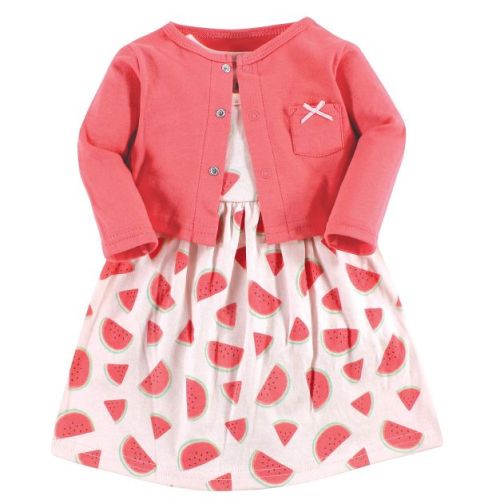 Hudson Baby Infant Girl Cotton Dress and Cardigan Set, Coral Watermelon, 0-3 Months