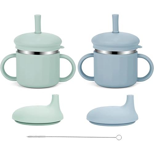 Upgrade Stainless Steel Baby Sippy Cups, 7.4 Oz Spill Proof Toddler Straw Cups, 3 Stages Training Cup for Toddlers 1-3 Year, Kid Cups with Silicone Sheel and Straws (Blue+Green)
