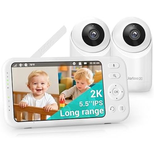 Jartoo 2K 5.5" Video Baby Monitor with 2 Cameras and Audio,AI Cry Detect 1860ft Long Range Baby Monitor No WiFi Baby Camera Wireless,Clear Night Vision,ANC, 2-Way Talk,White Noise,6000mAh [2025 New]