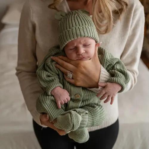Knitted Sleep Suit, Hat & Booties Set - Organic Cotton BEIGE