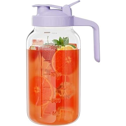 Glass Mason Jar Pitcher, 64 oz Wide Mouth Jug with Pour Spout Handle Lid for Cold Brew Coffee, Ice Beverage, Iced Juice, Lemonade, Sun Tea, Fruit Drinks Container(Purple)