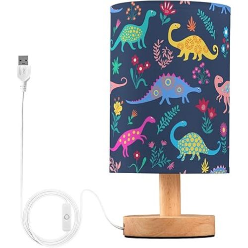Table Lamp Dinosaur Floral Pattern Nightstand Lamp with Wood Base Fabric Lamp Shade Bedside Desk Lamp for Living Room Bedroom Kids Room Office