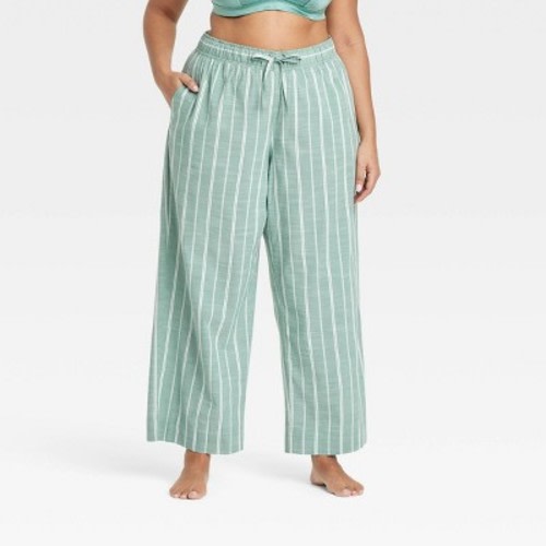 Women's Striped Cotton Blend Pajama Pants - Auden™ Green 1X: Relaxed Fit, Midweight Poplin, Ankle Length, Elastic Waistband