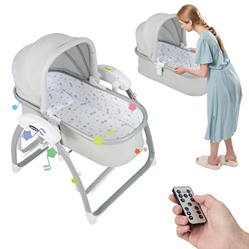 INFANS 2 in 1 Smart Electric Baby Rocking Bassinet, Automatic Bedside Crib for Infants, Cradle with Remote Control 5 Speed Natural Sway Timing Function 12 Preset Lullabies for Newborn