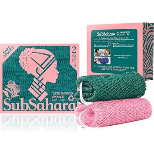 SubSahara Authentic African Net Sponge - 2 Pack Exfoliating Bath & Shower Loofah Sponge for Body & Face, Gentle Scrubber for All Skin Types, Travel, Durable (Ligh Pink & Teal)