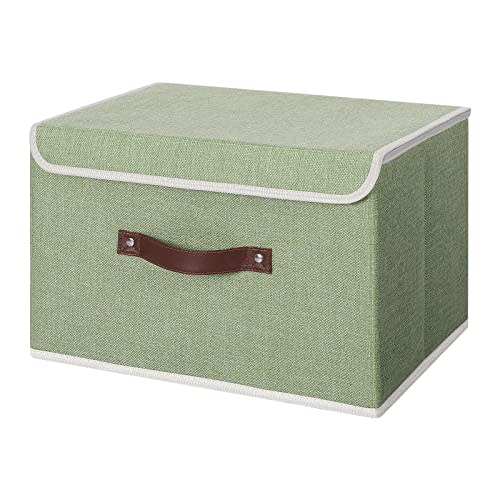 ANMINY Storage Bin with Lid Storage Boxes with PU Leather Handles PP Plastic Board Decorative Foldable Lidded Cotton Linen Fabric Home Cubes Baskets Closet Organizer Container - Green, Large Size