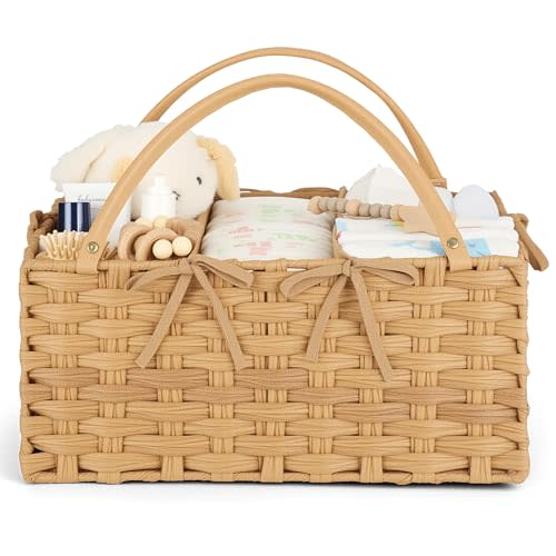 Diaper Caddy Organizer, Hand Rattan Nursery Storage Basket for Baby Essentials, Baby Changing Table Organizer Perfect Nursery Assistant, Easy Assemble