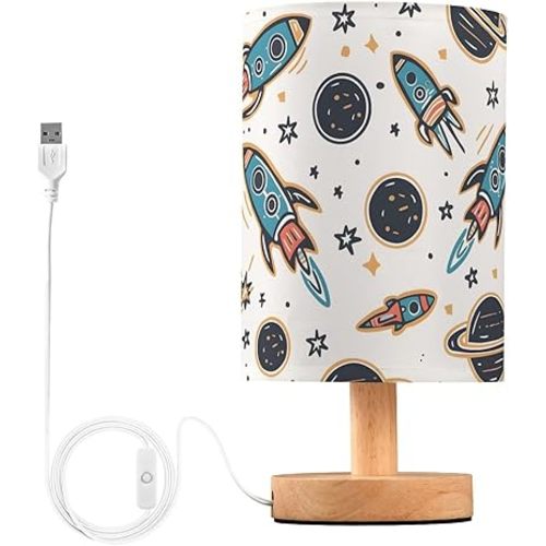 Bedside Table Lamp Space Rockets Planets Stars Cartoon Table Lamp for Bedroom Nightstand Lamp with USB Port LED Desk Lamp Shade Living Room Dorm Office