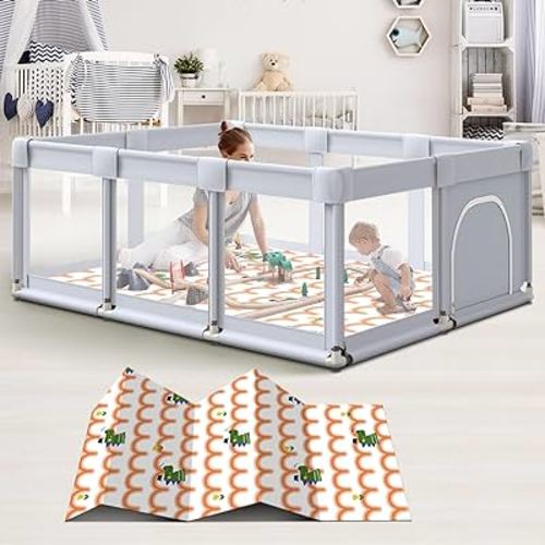 Baby Playpen 74"x50" Play Pens for Babies and Toddlers, Large Play Yards for Indoor & Outdoor with Zipper Gates, Breathable Mesh with Mat