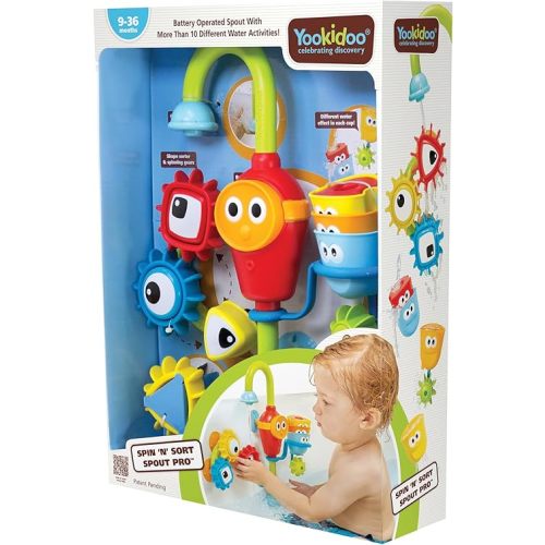 Yookidoo Bay Bath Toddler Toys (Ages 1-3) - 3 Stackable Cups, Spinning Gears, Hose & Spout for Water Play - Mold Free - Suction Cups Attach to Any Bath Tub or Shower - Spin N Sort Spout Pro